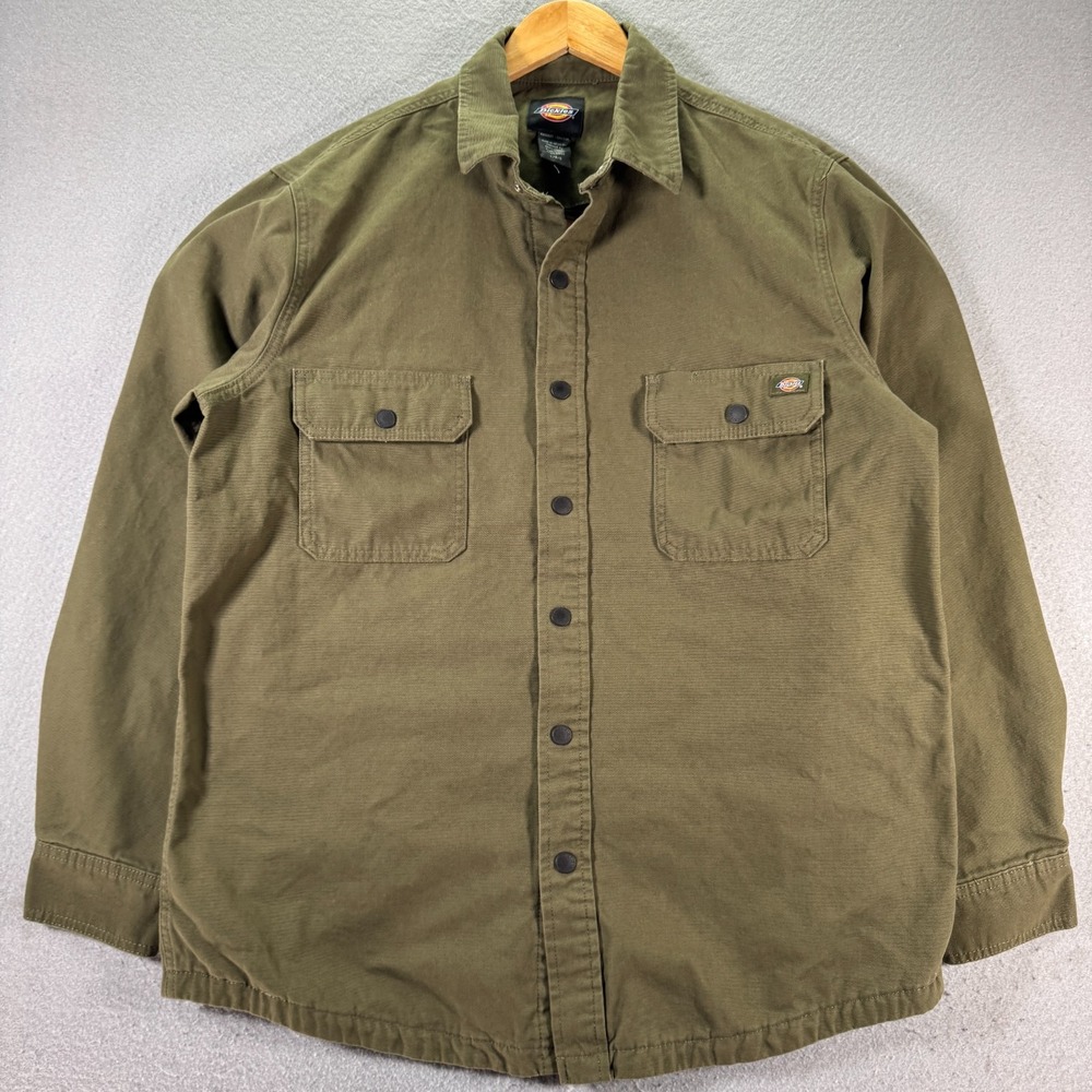 Dickies Flannel Lined Button Up Shirt Mens‎ Large Green Flap Pocket Sportswear